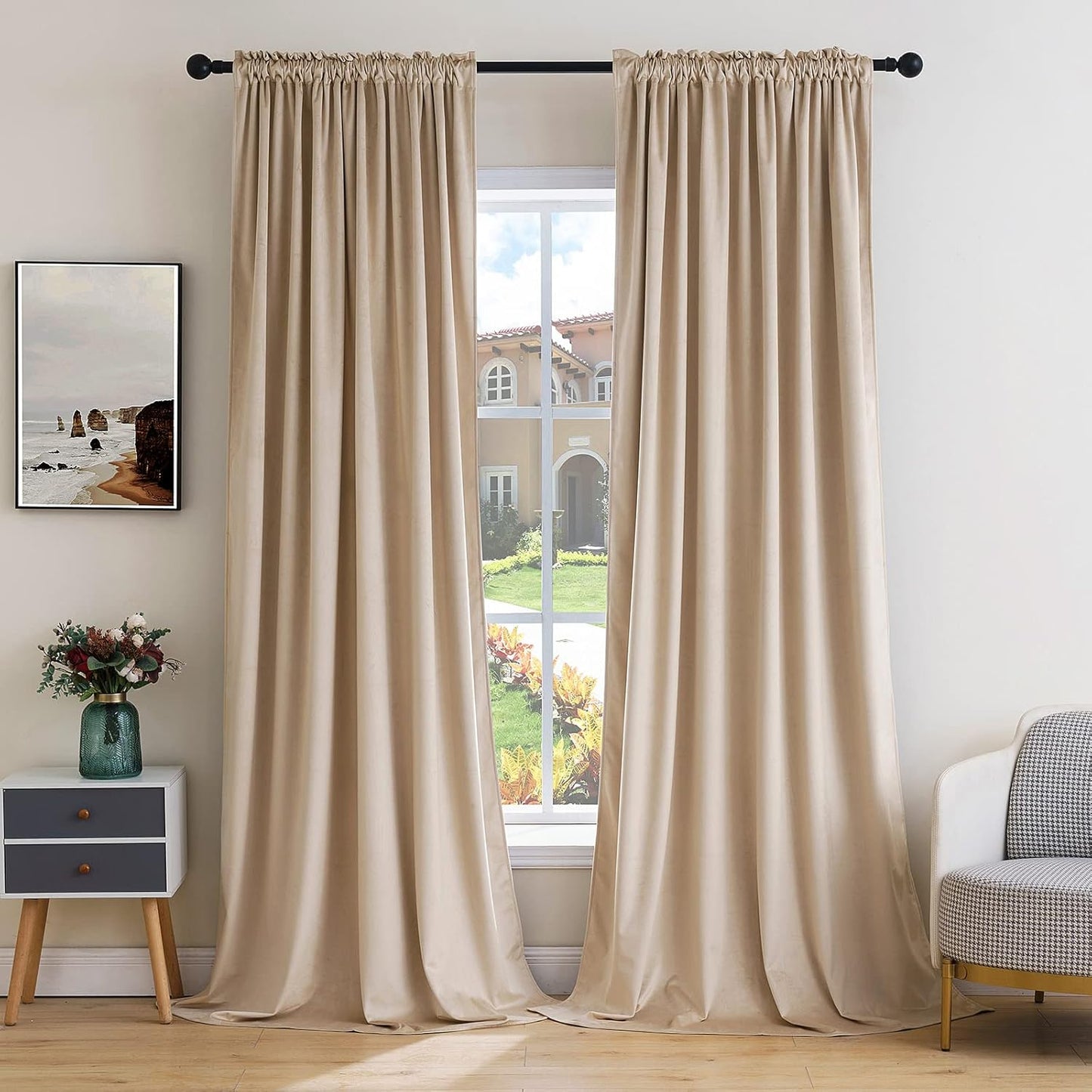 MIULEE Camel Beige Velvet Curtains Thermal Insulated Blackout Curtain Drapes for Bedroom Living Room Darkening 72 Inches Long Curtains Panels Rod Pocket Set of 2