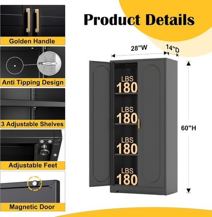 Metal Kitchen Storage Cabinets,60”Pantry Cabinet with Doors and 4 Adjustable Shelves,Tall Black Cabinet for Pantry, Laundry Room,Living Room,Dinning Room