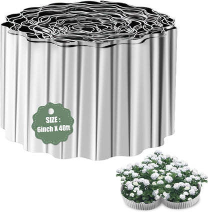 Corrugated Metal Garden Edging - 6 Inch X 40 FT Landscape Edging Border, Flexible Border for Garden Fence, Flower Bed, and Lawn (Silver)