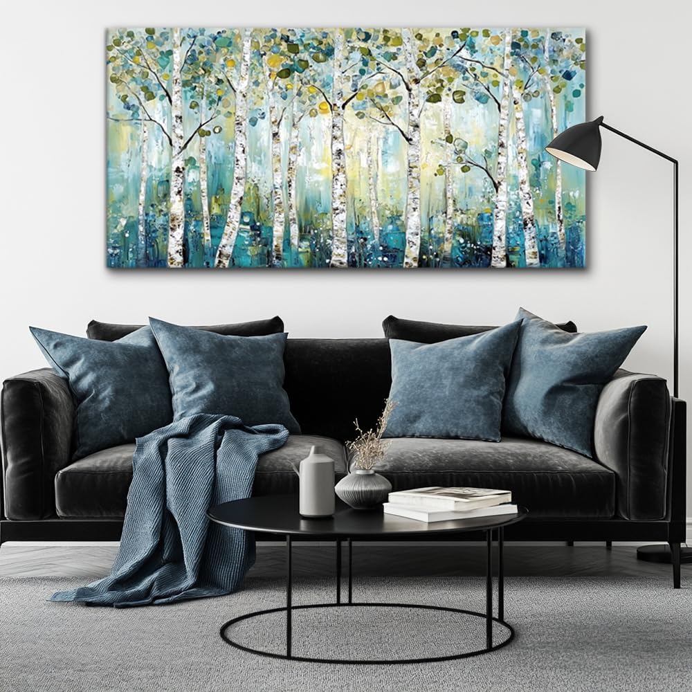 LASMOND Abstract Teal Grove Canvas Paintings Prints Modern Tree Wood Artwork Decor Wall Art for Living Room Bedroom Offices (58x28 Inches)