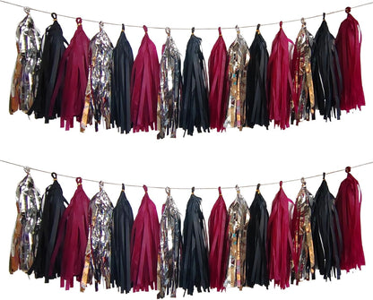 Tassel Garland Tissue Paper Tassel Banner,Tassels Party Decorations for Wedding,Birthday,Bridal/Baby Shower,Pack of 15 (Burgundy/Black/Silver)