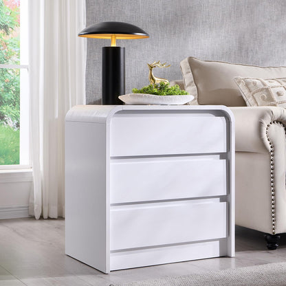 25" Tall Modern Nightstand Set of 2, 23.6" Wide Wood Bedside Table with Charging Station, 3 Storage Drawers Side Table w/Curved Profile Design, End Table for Bedroom, White