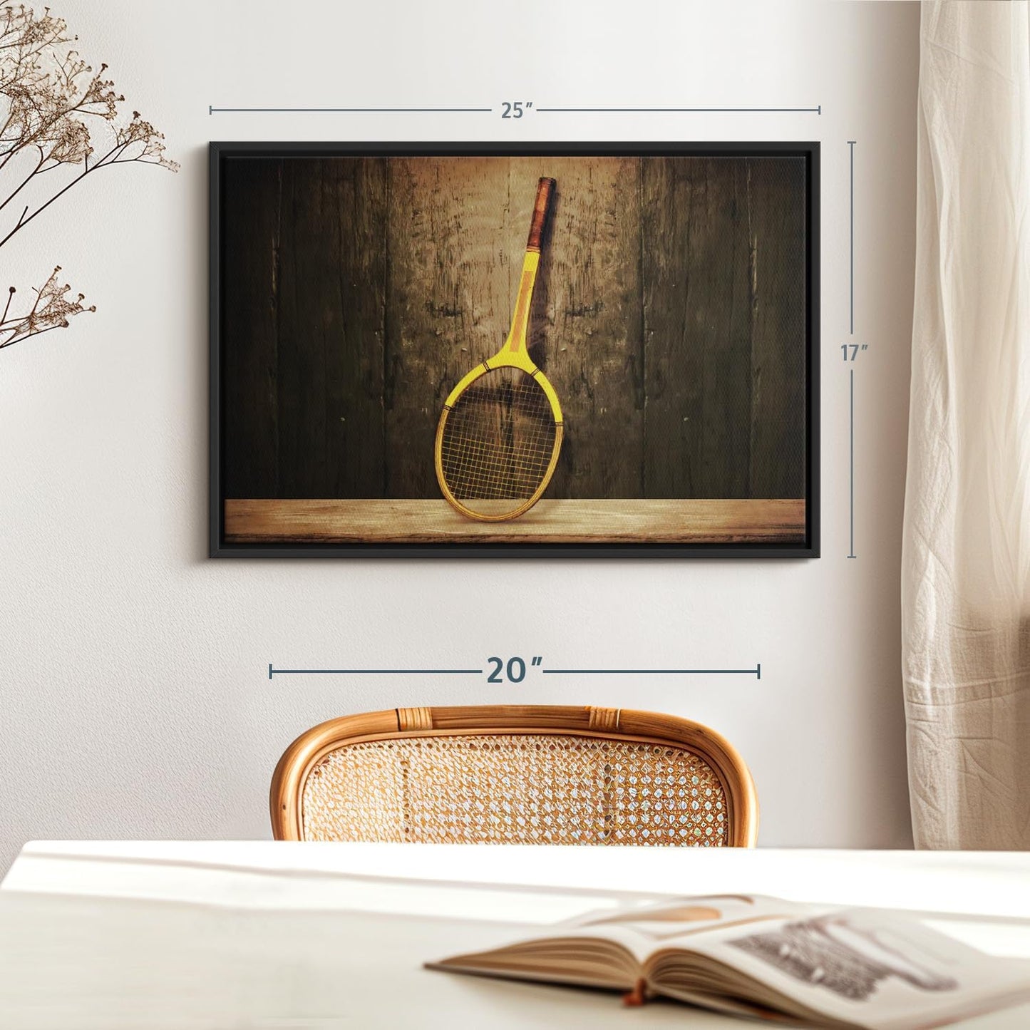 ElephantStock Vintage Tennis Racket Wall Art - Horizontal Framed Canvas - 1-Piece Living Room Wall Decor - Photography Sports Canvas Print - Brown and Black Decor for Wall - 25" X 17"