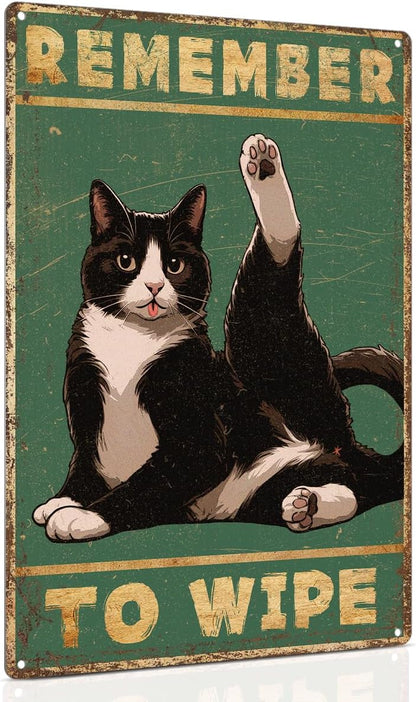 ALKB Bathroom Tuxedo Cat Sign - Remember to Wipe - Cat Lover Gift 8x12 Inch Vintage Metal Sign for Bathroom Decorations