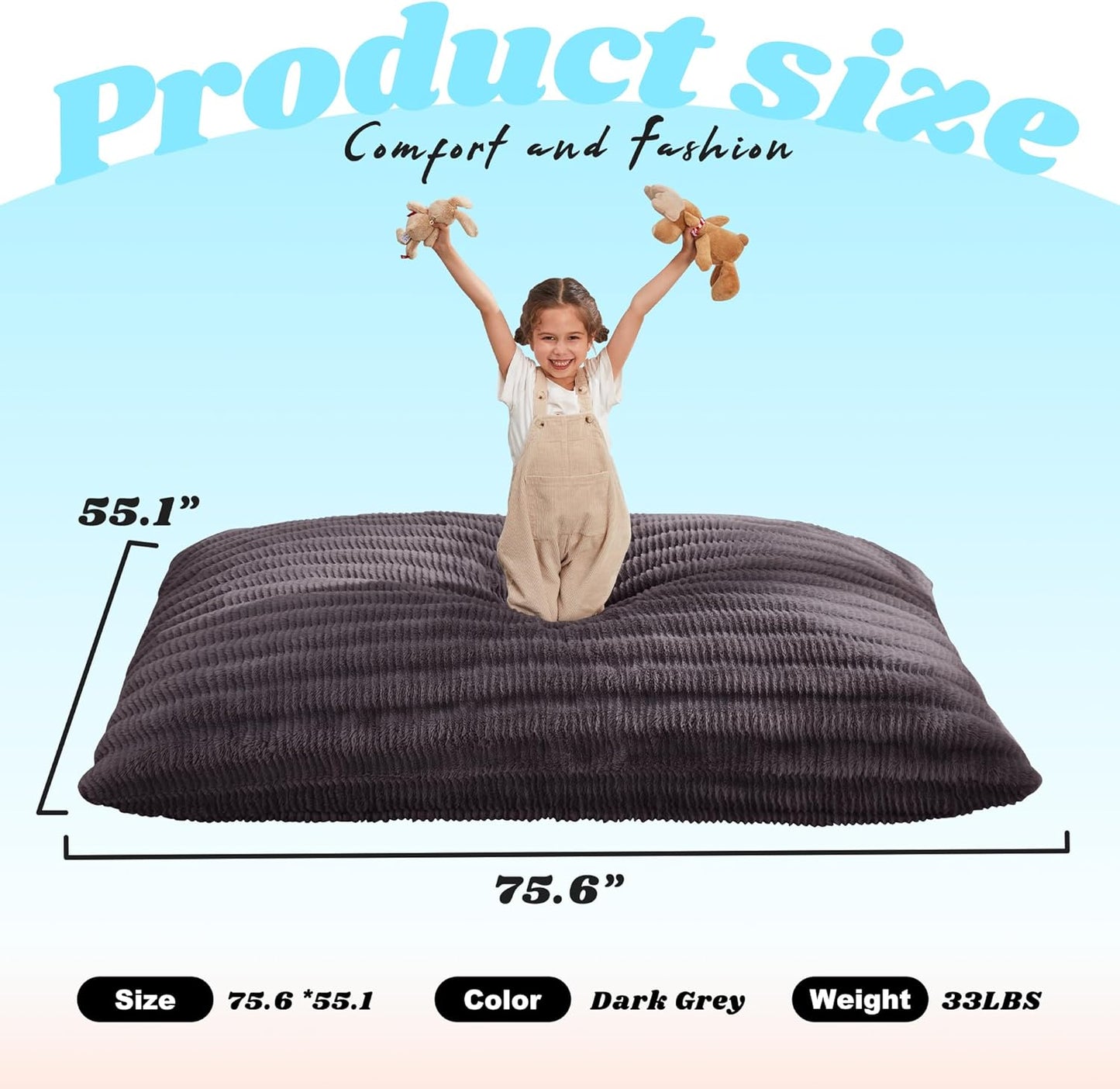 Hobestluk 3 in 1 Bean Bag Chair Giant Bean Bag Chairs for Adults with Ripple Cover Convertible Bean Bag Floor Cushion with Machine Washable Cover for Living Room (Ripple Dark Grey)