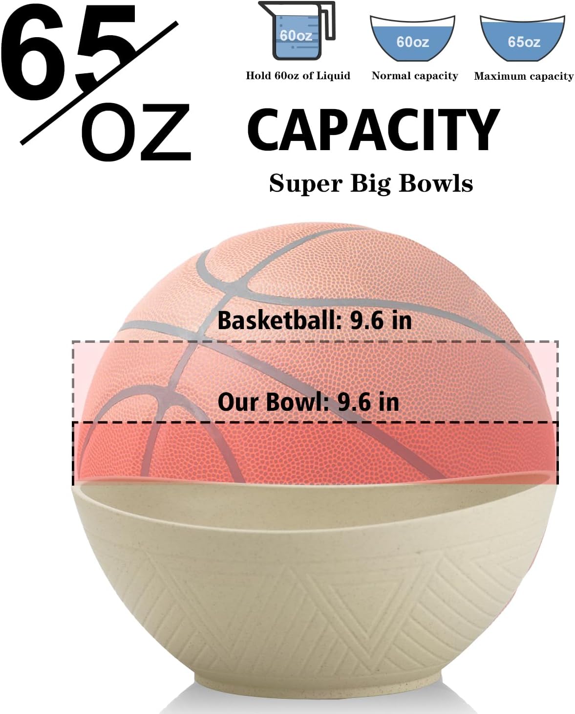 65oz Big Wheat Straw Bowls - Large Salad Bowls set of 6 - Unbreakable Serving Bowl Sets - Microwave & Dishwasher Safe Bowl Sets for Cereal,Salad,Fruit - Beige