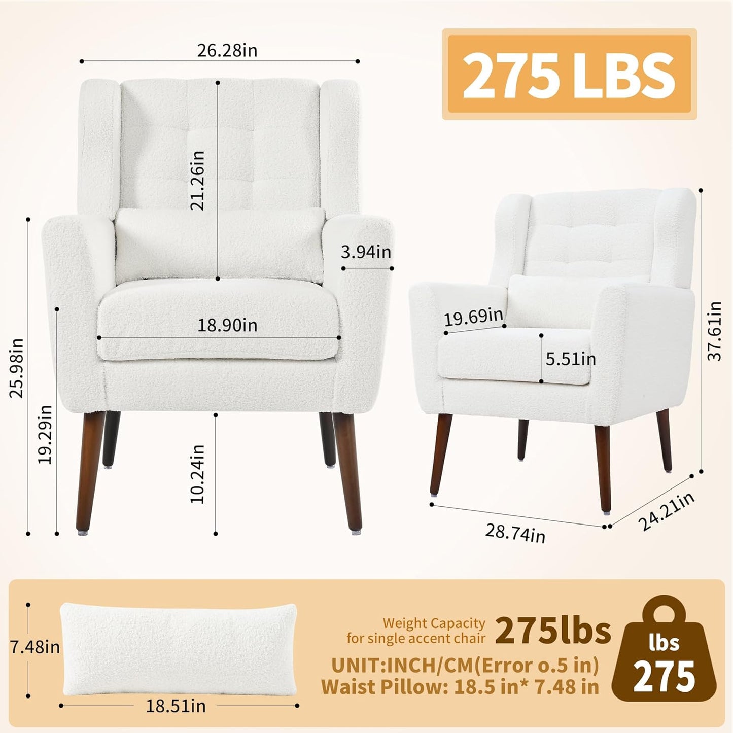 Modern Accent Chair, Upholstered Armchair with Pillow, Teddy Single Sofa Chair with Lounge Seat and Wood Legs Accent Chair for Living Room Bedroom Small Spaces
