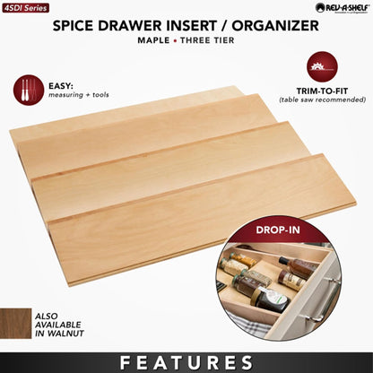 Rev-A-Shelf 22" 3 Tiered Seasoning Organizer, Trim-to-Fit Wooden Kitchen Draw and Cabinet Home Storage Insert, Pull Out Spice Rack, Maple, 4SDI-24