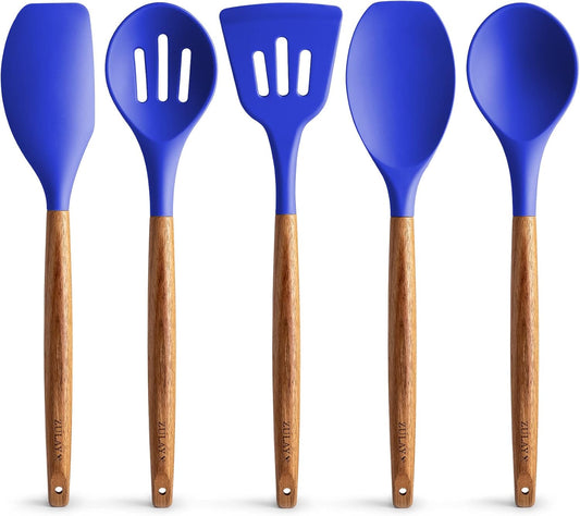 Zulay Kitchen Non-Stick Silicone Cooking Utensils Set with Acacia Wood Handles - 5 Piece Set - Heat Resistant to 464F - Dark Blue