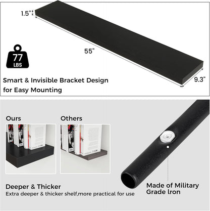 Floating Shelves for Wall, Large Wall Mounted Shelves with Invisible Brackets, Long Wood Floating Shelf Shelves for Living Room, Bedroom, Kitchen, (Black, 55" W x 9" D x 1.5" H)