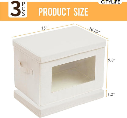 Citylife 3 Pack Storage Bins with Lids, Fabric Foldable Storage Bins with Soft Cord Handles, Canvas Storage Bin with Lid for Organizing Clothes, Blankets and Books, Beige