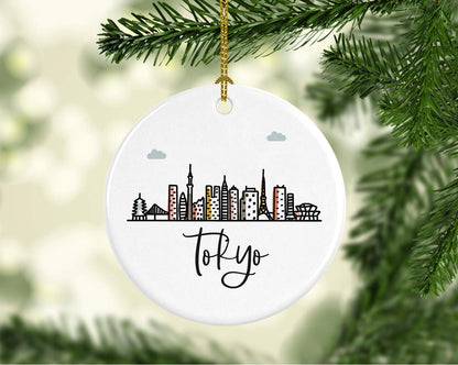 Andaz Press Round Ceramic Porcelain Christmas Tree Ornament Keepsake Gift, Tokyo, Colorful International City Skyline Graphic, 1-Pack, Birthday Ideas Family Coworker Him Her, Gift Box