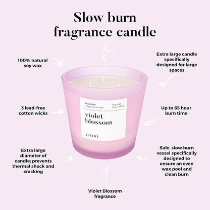 Hidden Label Large Scented Candle, Violet Blossom, 30oz 3 Wick Huge Candle, Serene Collection Slow Burn Natural Soy Candles for Home Scented