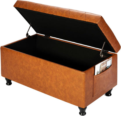 Leather Storage Ottoman Bench Rectangle 32 Inch Foot Rest Ottomans Stool for Living Room Bedroom(Yellowish Brown)