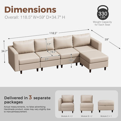 118.5" Faux Leather Modular Sectional Sofa, L Shaped Couch Set for Living Room, 5-Seater Comfy Cloud Couches with Movable Storage Ottoman,DIY Combination - Whitesand