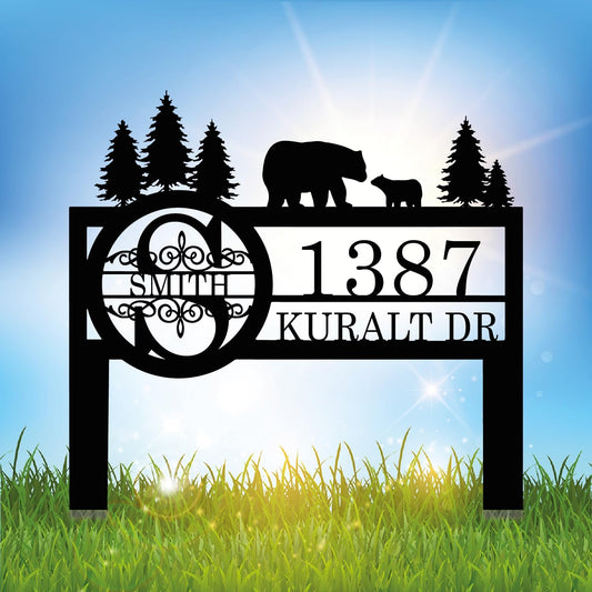 Personalized Custom Bear Wildlife Decor with Metal Stake - Address House Number Name Sign for Farmhouse, Yard, Camping