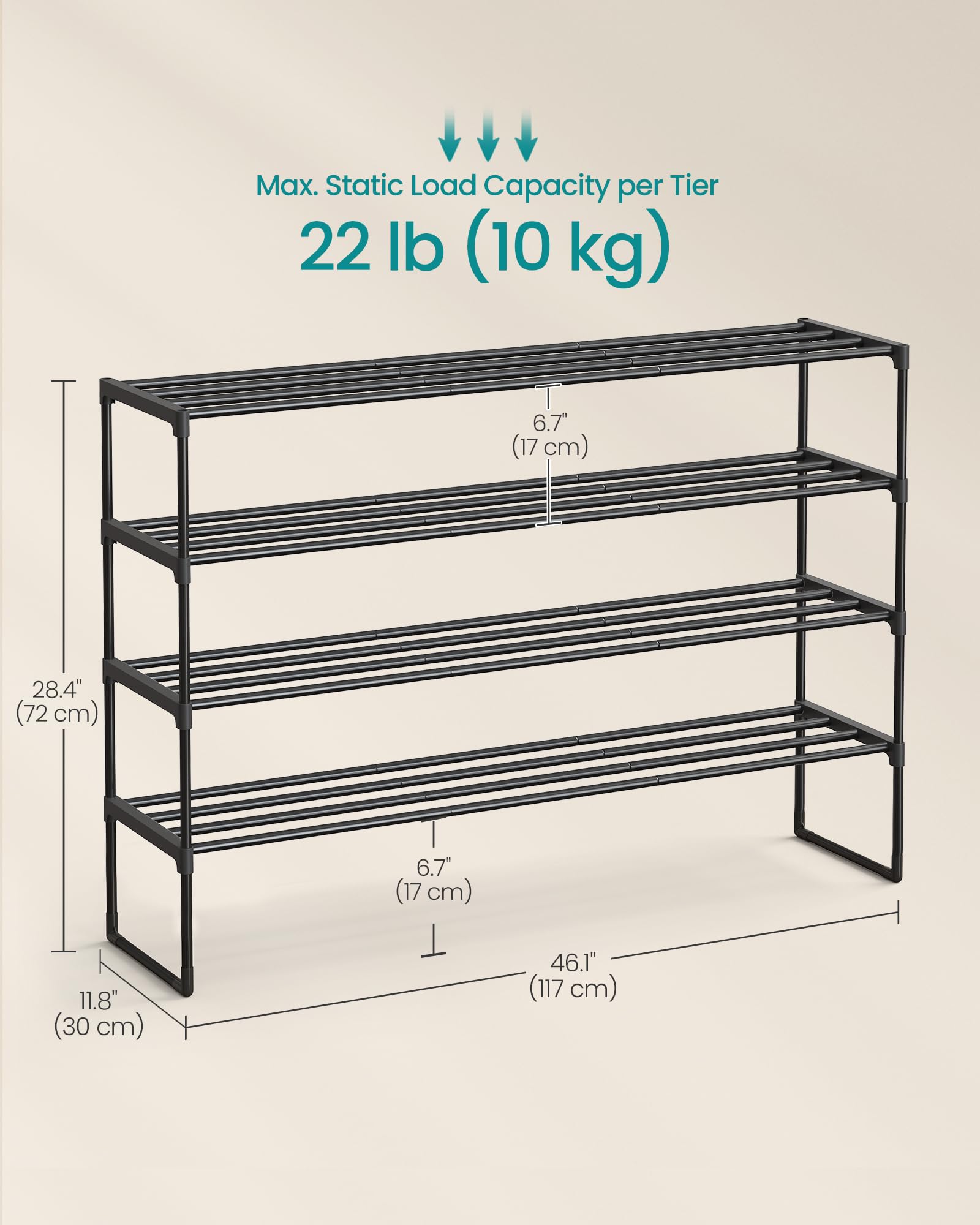 SONGMICS Shoe Rack, 4-Tier Shoe Organizer, Metal Storage Shelf, Upright or Upside Down, for 25-30