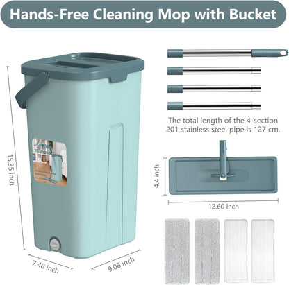 Aifacay Mop and Bucket with Wringer Set, Flat Wall Mop and Bucket Set with 4 Reusable Microfiber Pads, Hand Wash Free Floor Cleaning System Wet and Dry Use for Hardwood Tile Window Corner Baseboard