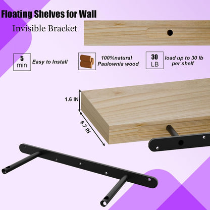 IAE Floating Wall Shelves 24 inch,Bathroom Shelves Wall Mounted,Invisible Shelves Floating Kitchen Shelves,Wooden Wall Shelves with Brackets for Living Room Wall Mounted,Easy Install,Set of 2,Natural