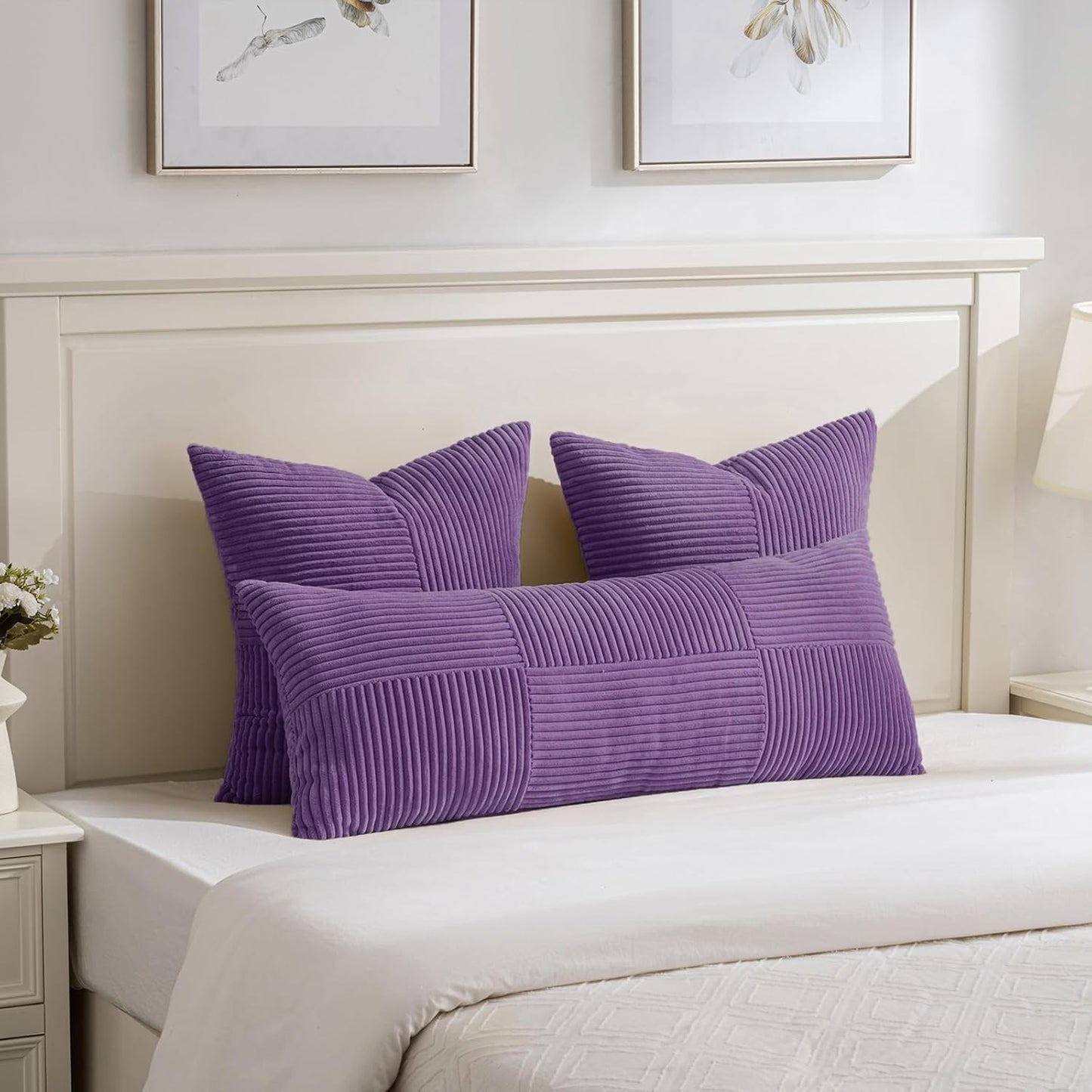 Fancy Homi 2 Packs Purple Euro Decorative Throw Pillow Covers 26x26 Inch for Living Room Couch Bed, Farmhouse Boho Home Decor, Soft Corss Corduroy Patchwork Textured Square Cushion Case 66x66 cm