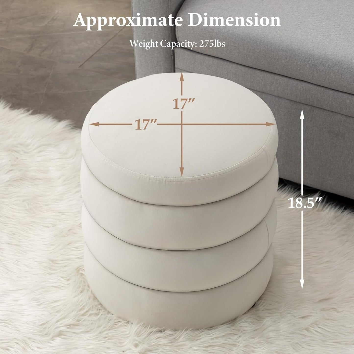 Furniliving Modern Round Ottoman, Soft Bedroom Ottoman Footstool Round Ottomans Stool for Living Room, Bedroom, Makeup Room, White, Velvet