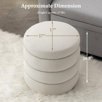 Furniliving Modern Round Ottoman, Soft Bedroom Ottoman Footstool Round Ottomans Stool for Living Room, Bedroom, Makeup Room, White, Velvet