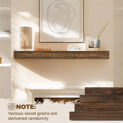 48x8x3 Fireplace Mantel - Handcrafted Hollow Rustic Solid Wood Wall Mounted Floating Shelf with Invisible Heavy Duty Wood Bracket (Weathered Brown)