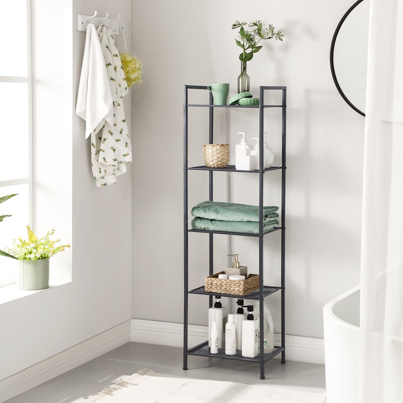 SONGMICS 5-Tier Storage Rack, Bathroom Shelf, Extendable Plant Stand with Adjustable Shelf, for