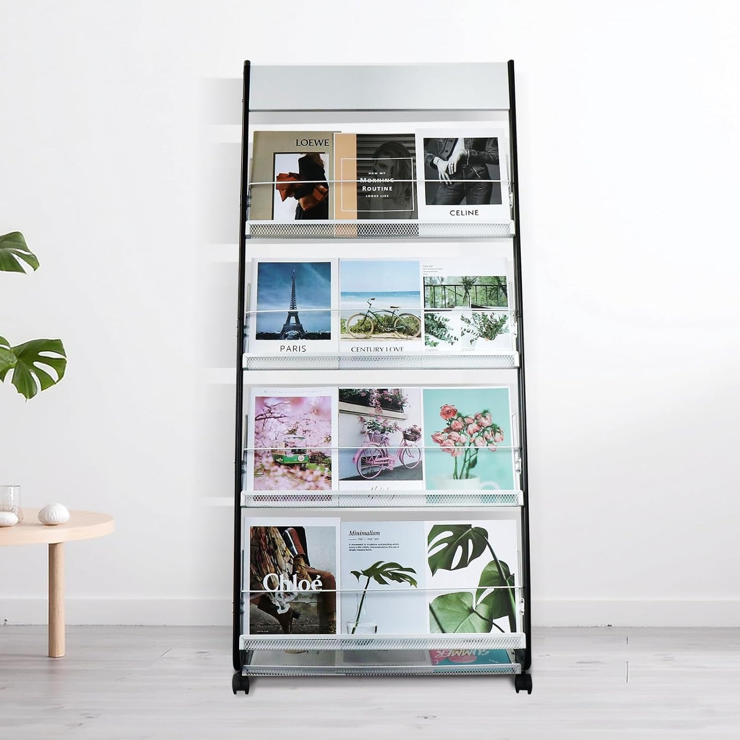 4-Tier Floor-Standing Magazine Rack with Wheels – Perfect Brochure Display Stand for Exhibitions, Offices, and Information Hubs