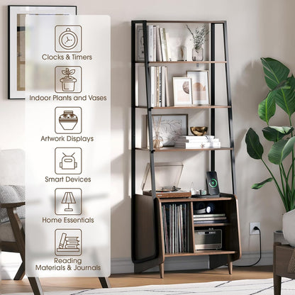 5 Tier Ladder Shelf with Cabinet, Mid Century Modern Bookshelf, Tall Bookcase with Charging Station, Wood and Metal Open Display Shelf for Living Room, Bedroom, Home Office, Walnut