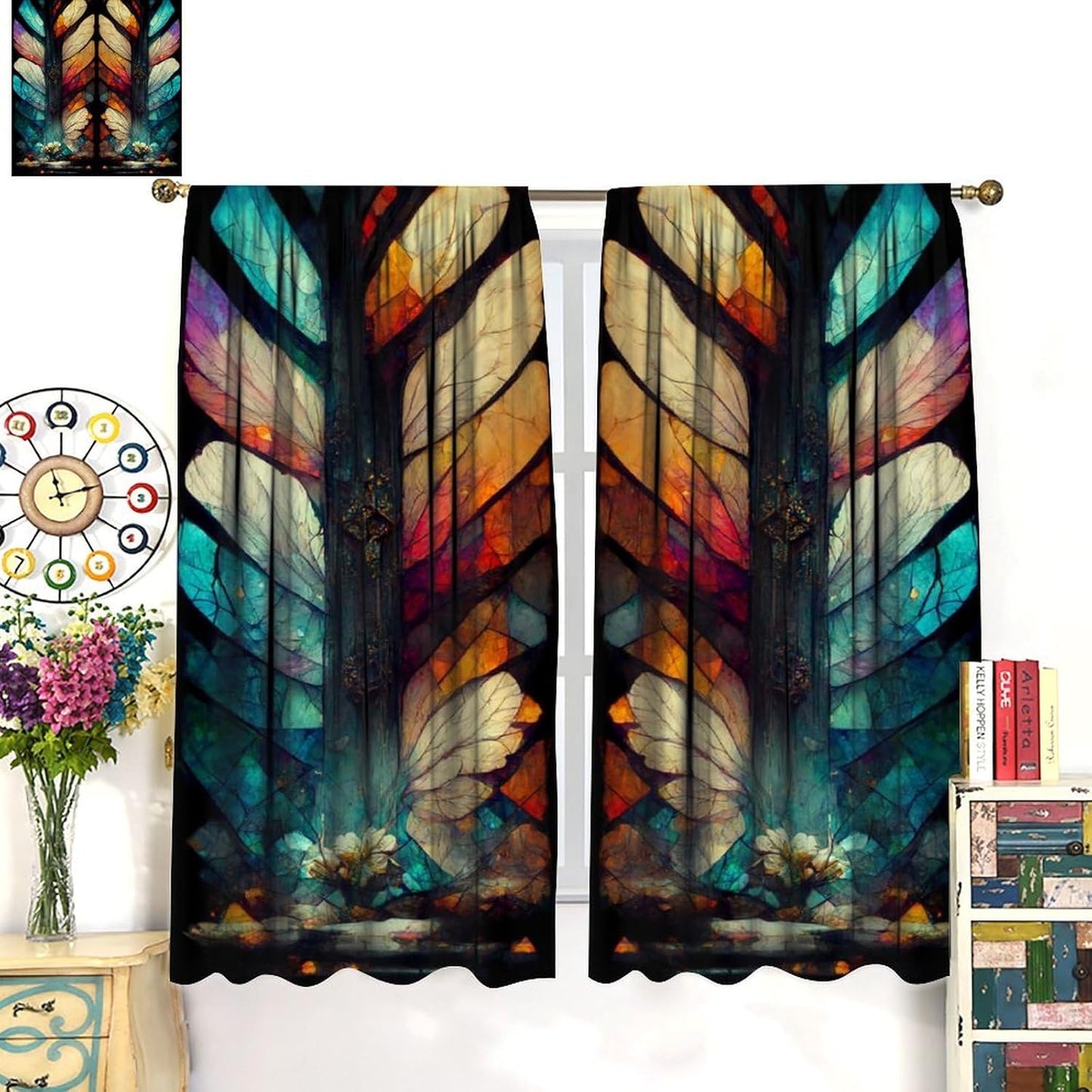 Stained Glass Curtains,Vintage Magical Colorful Abstract Art Home Decor Drapes for Bedroom Living Room Kitchen Window Treatment 2 Panels Set Total Size 63" W X 63" L Inch