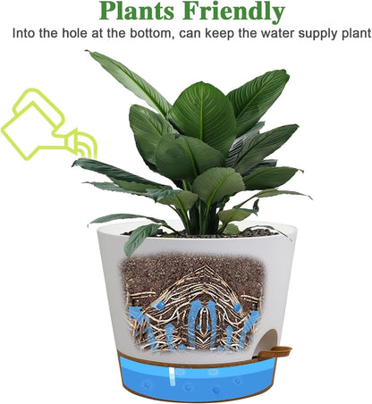 Self Watering Pots for Indoor Plants,12 inch Planters with Drainage Holes Plastic Flower Pots with Deep Reservoir, White with Brown