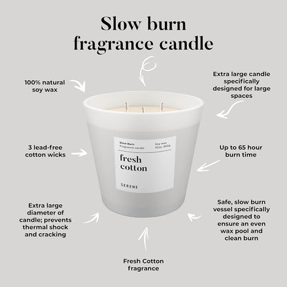Hidden Label Large Scented Candle, Fresh Cotton, 30oz 3 Wick Huge Candle, Serene Collection Slow Burn Natural Soy Candles for Home Scented