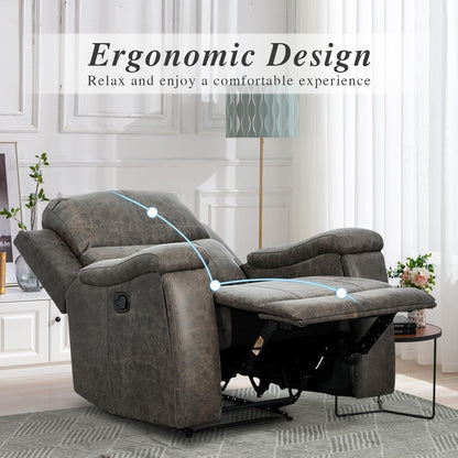 EBELLO Grey Recliner Chair, Single Overstuffed Sofa Recliners, Breathable Faux Leather Manual Reclining Chairs with Hidden Cup Holder, Arm and Back for Adults, Living Room, Bedroom, Grey