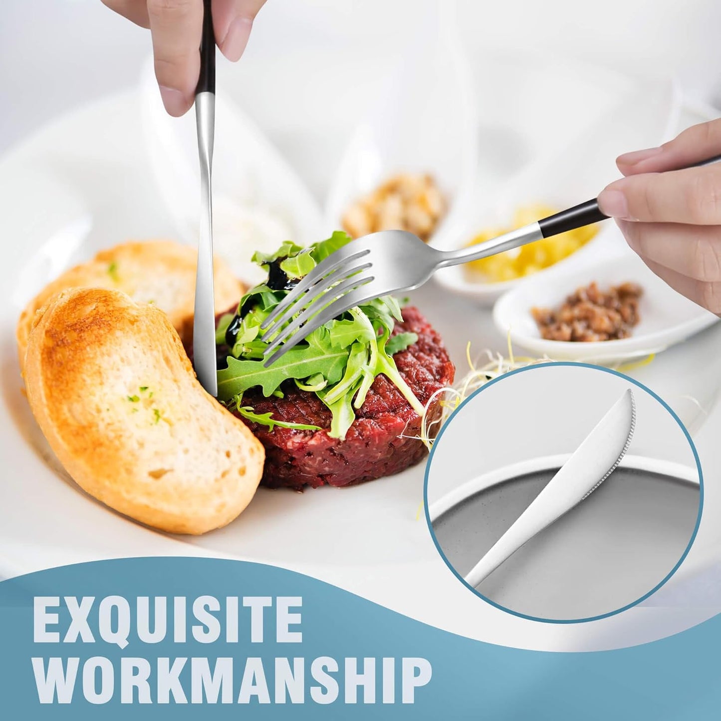 Matte Black Silver Silverware Set for 6,Modern Stainless Steel Brushed Cutlery Set,30-Pieces Heavy Duty Flatware Set,Knives Spoons and Forks Set Utensils Set, Satin Finish, Dishwasher Safe