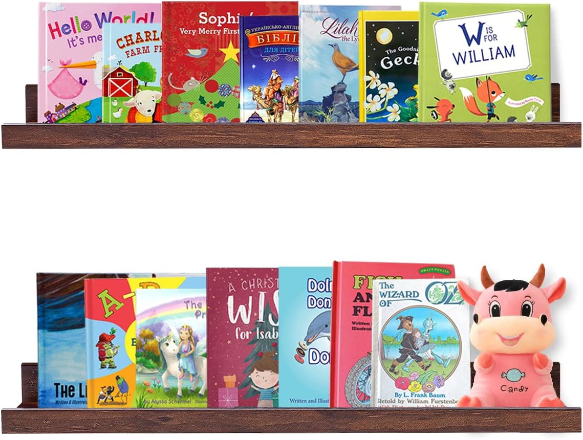 AZSKY Floating Book Shelves Wall Mounted Photo Shelf Picture Ledge Deep Walnut Display Shelves for Home Living Room Bedroom Bathroom Office Set of 2