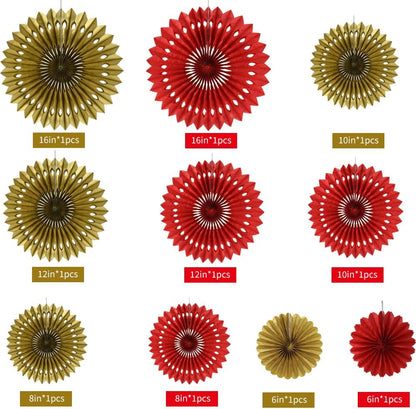 BEISHIDA Red Gold Hanging Honeycomb Round Paper Fans Decoration Wedding Theme Tissue Paper Fan Garland for Birthday Anniversary Bachelorette Graduation Party Christmas New Years Supplies（10packs）