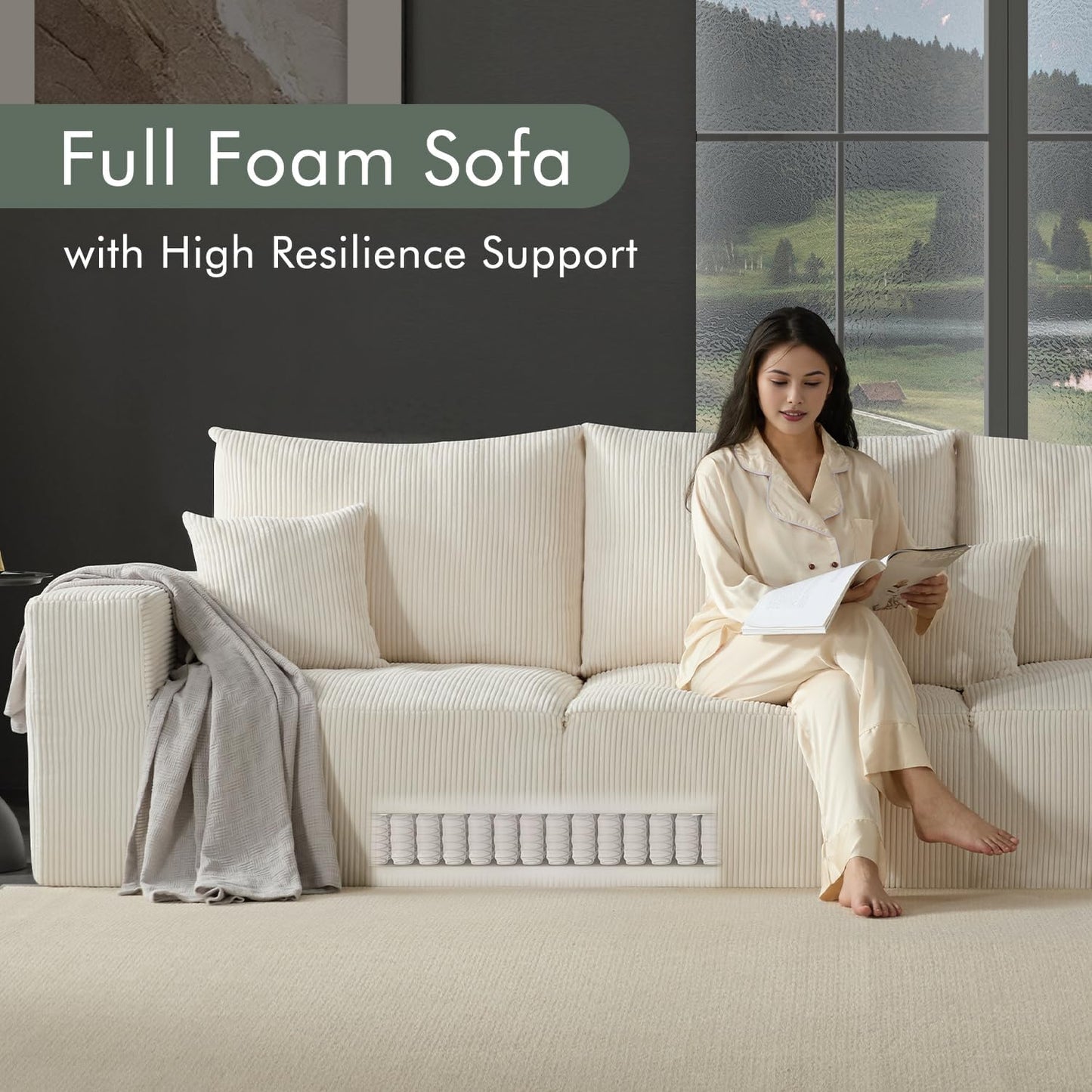 Boneless Cloud Couch Sofa for Living Room, 112" 3 Seater Beige Modern Lounge Sleeper Couch, No Assemble, Cordury Compression Upholstered Couches