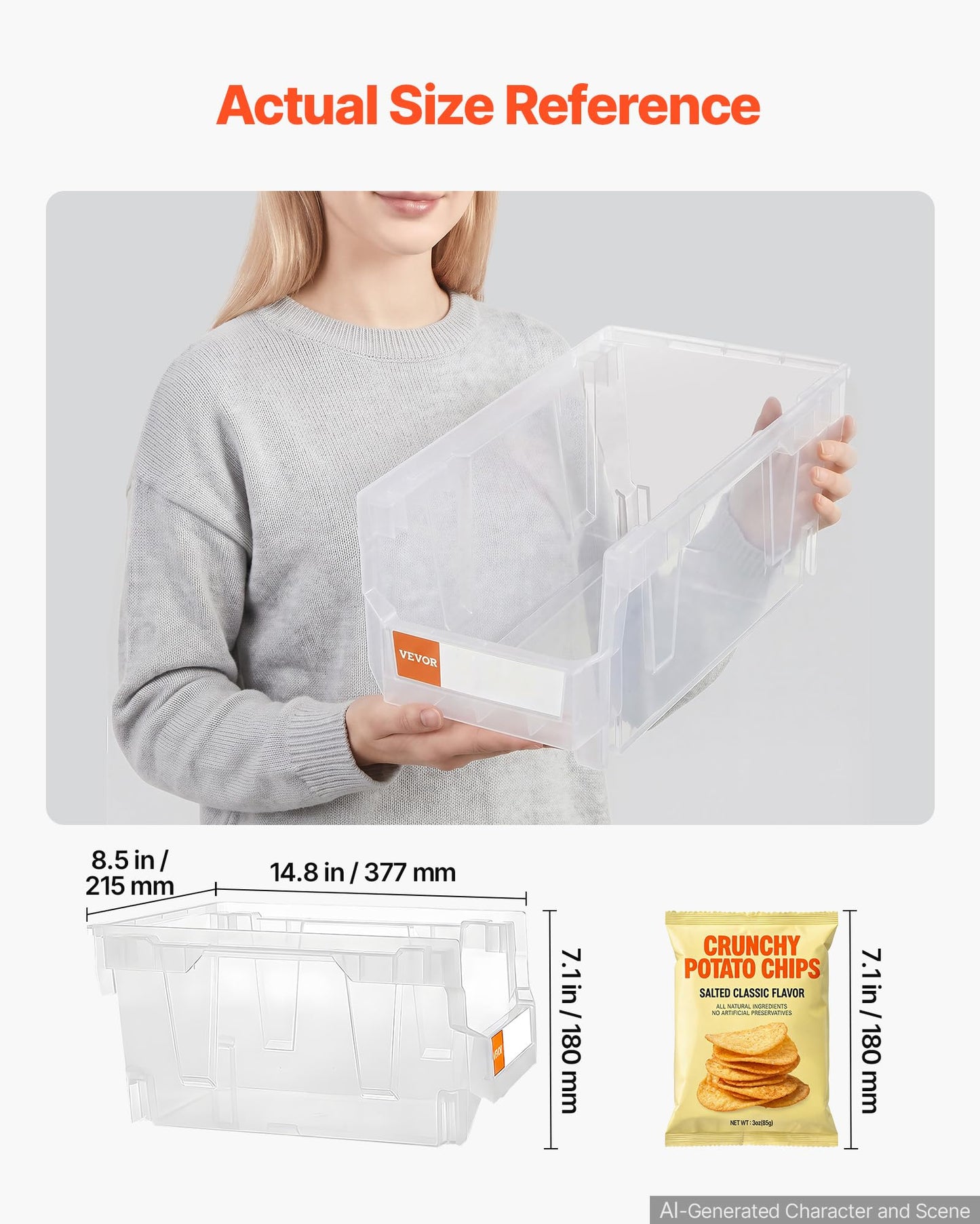 VEVOR Plastic Stackable Storage Bins, 14.8 x 8.5 x 7.1 inch (6 Pack), Plastic Containers for