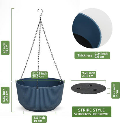 Dexceder 11.2 Inch Self Watering Hanging Planters Indoor Outdoor, Thickened Hanging Basket Flower Plant Pot (2 Pack, Deep Blue)