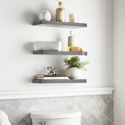 BAYKA Floating Shelves for Wall, 22.5 inches Wall Mounted Rustic Wood Shelves for Bathroom, Bedroom, Living Room, Floating Shelves for Books/Storage/Decor (Grey,Set of 3)
