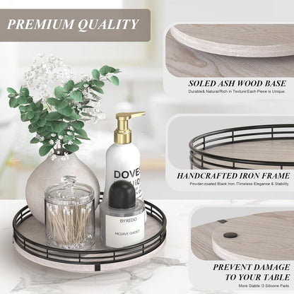 9" Wooden Lazy Susan Organizer for Cabinet, Turntable Round Decorative Tray for Kitchen Sink, Countertop Organizer, Bathroom Counter Organizer for Skincare Makeup, Rustic White
