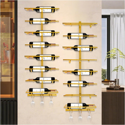 16 Bottle Wall Mount Wine Rack with Wine Glass Holder, Metal Wine Wall Rack, Wall Racks for Wine Bottles Display and Storage, Hanging Bottle Organizer for Living Dining Room Wine Cellar Bar (Gold)