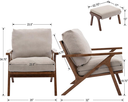 chairus Mid-Century Modern Accent Chair with Ottoman, Linen Fabric Armchair with Wood Legs Comfy Upholstered Single Sofa Chair for Living Room/Bedroom/Lounge, Beige