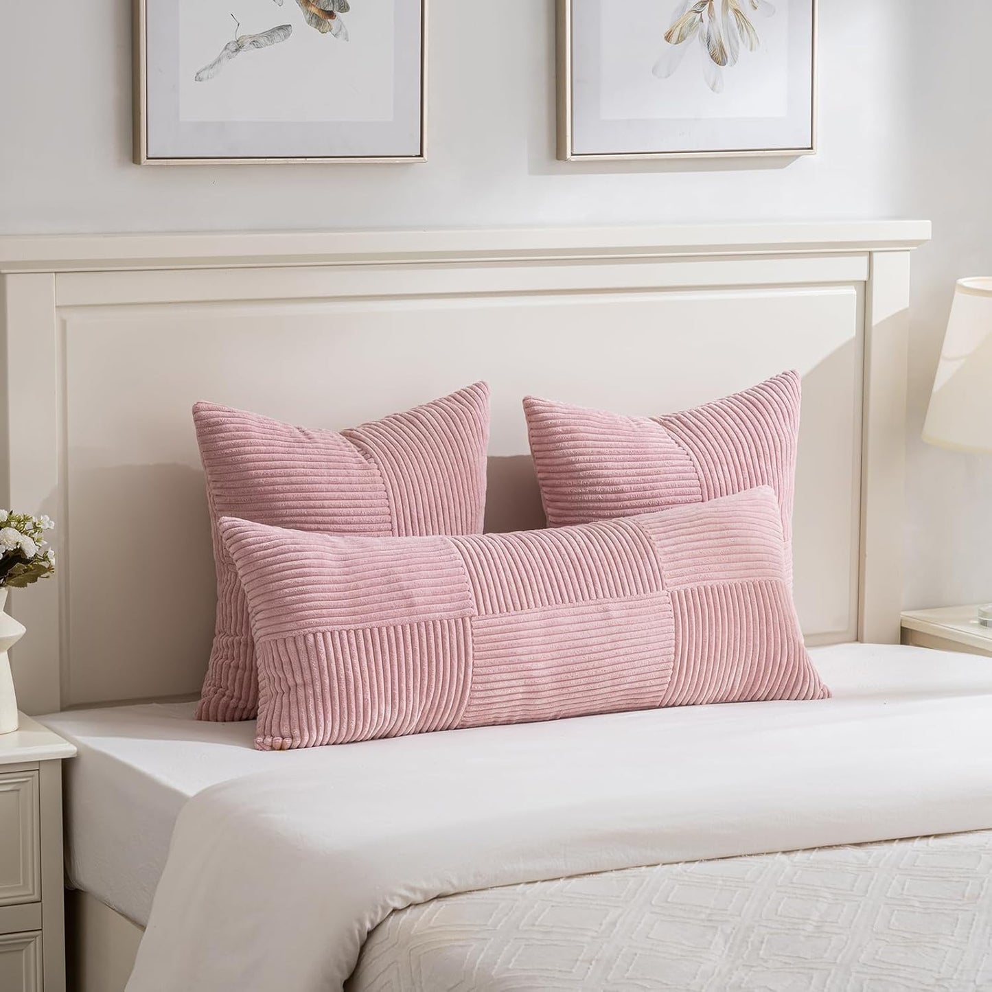 Fancy Homi 2 Packs Blush Pink Euro Decorative Throw Pillow Covers 26x26 Inch for Couch Bed Bedroom, Farmhouse Boho Home Decor, Soft Corss Corduroy Patchwork Textured Square Cushion Case 66x66 cm