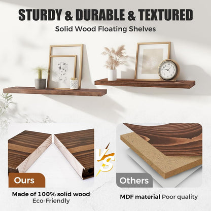 Floating Wall Shelves 3-Pack - 24-Inch Rustic Brown Wooden Shelves for Storage and Décor, Easy Installation for Living Room, Bedroom, and Kitchen