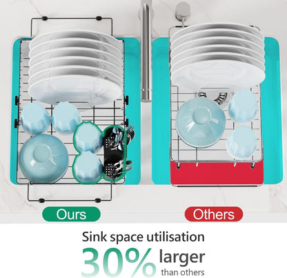 GSlife Expandable Dish Drying Rack - Stainless Steel Capacity Adjustable Over The Sink Rack (10.8''-17.9'') with Sink Mat, Dish Drainer for Kitchen Sink Counter with Utensil Holder, Silver