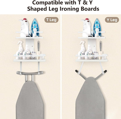 VINAEMO Ironing Board Hanger Wall Mount, 2-Layer Iron and Ironing Board Holder, Laundry Room Shelves Solid Wood with Removable Hooks Home Organization and Storage (White)