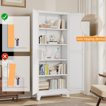 71" Tall Metal Pantry Storage Cabinet with Doors and 4 Adjustable Shelves, White Kitchen Food Pantry Cabinets, Tall Freestanding Cupboard for Kitchen, Dining Room or Living Room