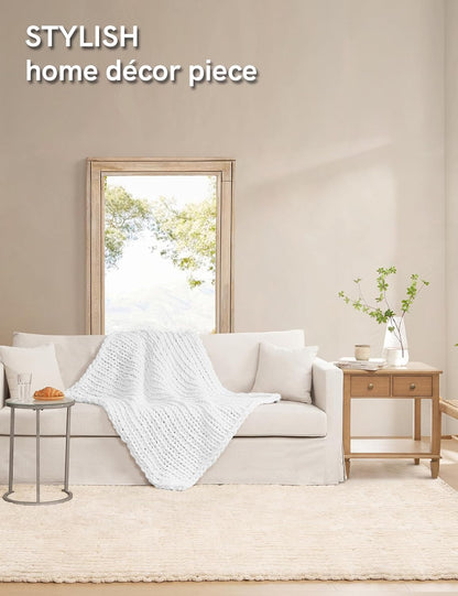 YnM Chunky Throw Blanket, Medium-Weight, Hand Knitted with Chenielle Yarn, Skin Friendly, Ventilated and Breathable, Machine Washable, Home Décor Piece for Couch, Sofa and Bed (White, 80x87 Inch)